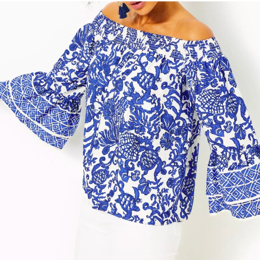 Lilly Pulitzer Kaori Blouse Off-the-Shoulder Tropical Turtle Blue XS Resortwear